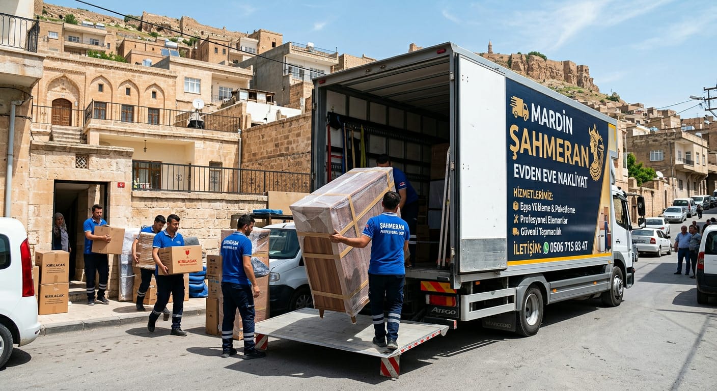 Mardin eski şehirde eşya taşıyan Mardin Şahmeran nakliyat ekibi